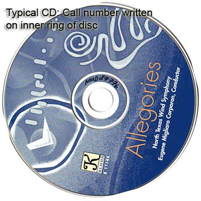 Typcial CD: Call number written on inner ring of disc